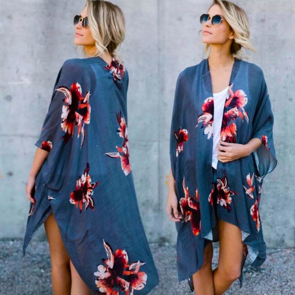 Grey Floral Print Kimono with Armholes, One Size Fits Most